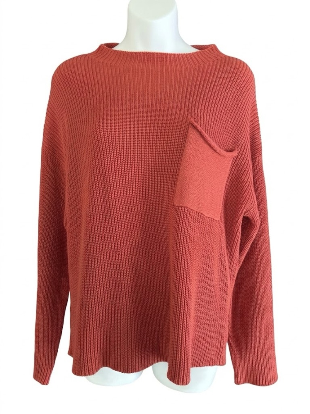 Ribbed Crewneck Sweater - Chest Pocket - Rust - Size M